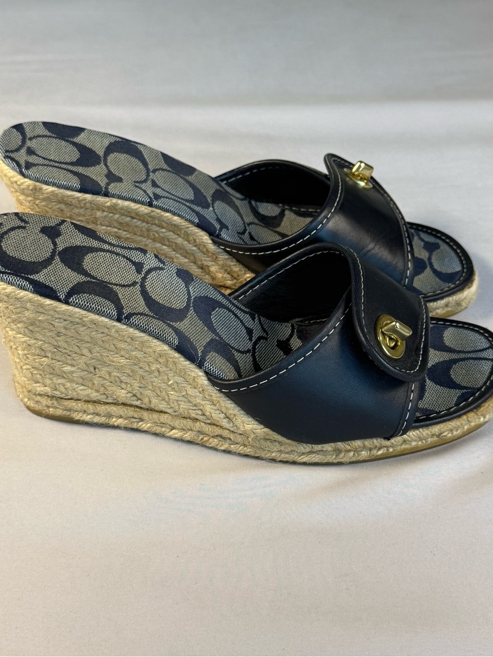 Coach Navy Logo Jacquard Espadrille Wedge Sandals